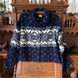 Navy Blue and White Fleece Button Up Vintage Cardigan Size Medium